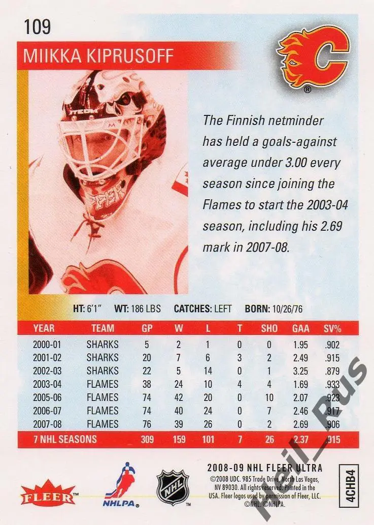 Карточка Miikka Kiprusoff/Миикка Кипрусофф Calgary Flames/Калгари Флэймз NHL/НХЛ 1