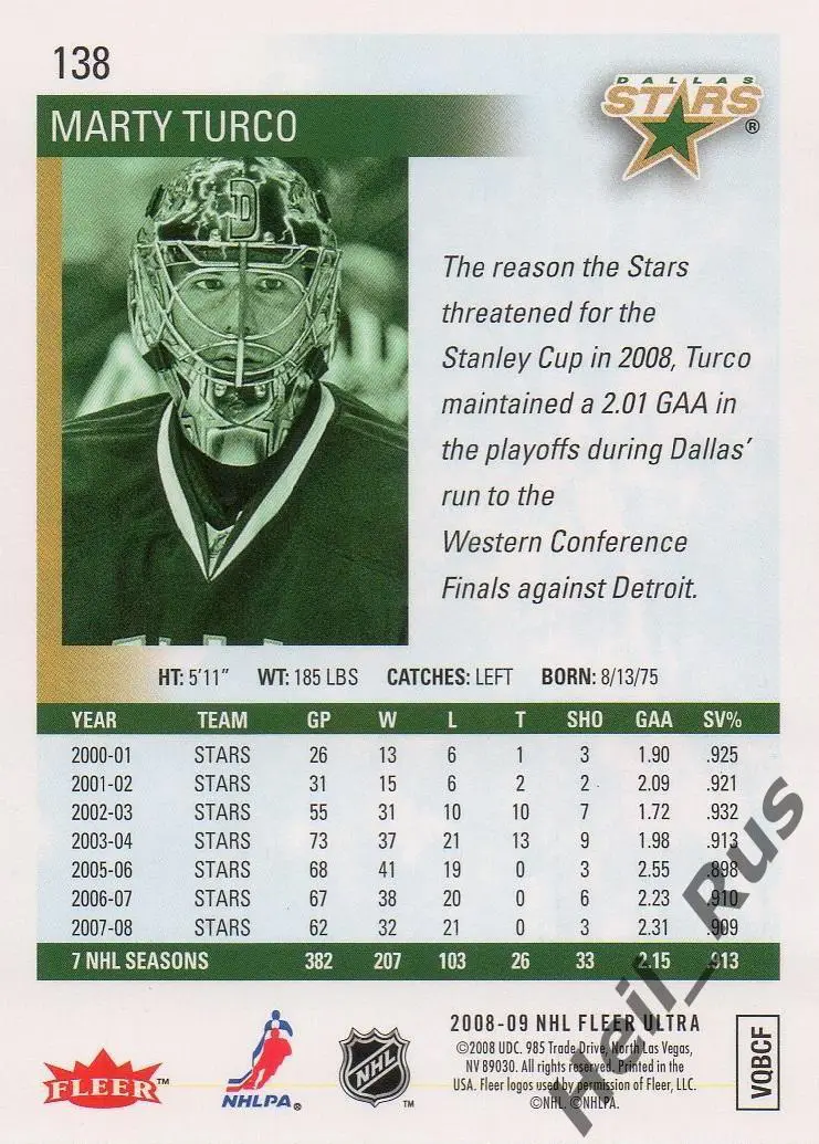 Хоккей. Карточка Marty Turco / Марти Турко (Dallas Stars/Даллас Старз) НХЛ / NHL 1