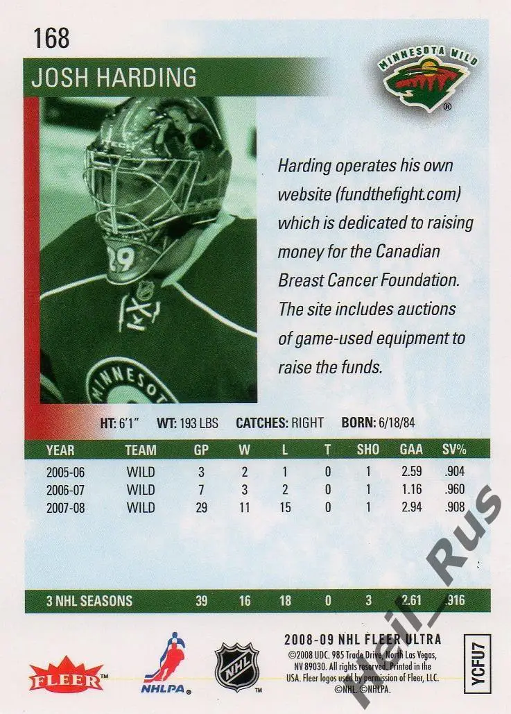 Хоккей Карточка Josh Harding/Джош Хардинг Minnesota Wild/Миннесота Уайлд NHL/НХЛ 1