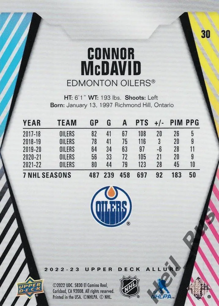 Хоккей. Карточка Connor McDavid/Коннор Макдэвид Edmonton Oilers/Эдмонтон NHL НХЛ 1