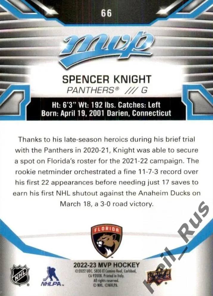 Хоккей. Карточка Spencer Knight/Спенсер Найт (Florida Panthers/Флорида) NHL/НХЛ 1