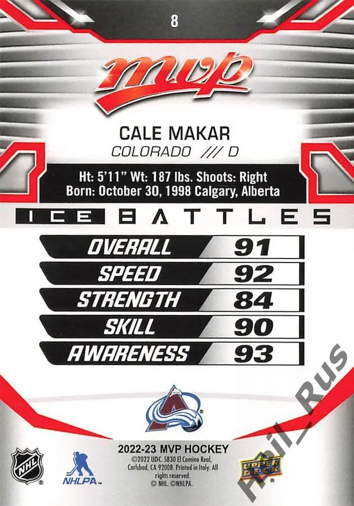 Хоккей. Карточка Cale Makar/Кейл Макар (Colorado Avalanche / Колорадо) НХЛ / NHL 1