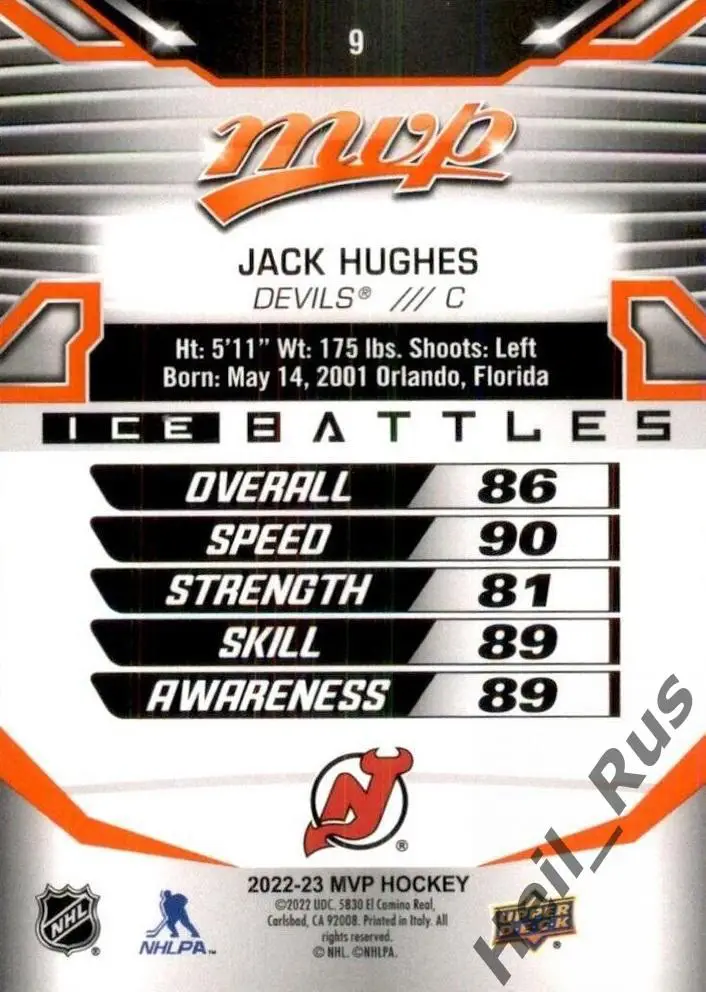 Карточка Jack Hughes/Джек Хьюз (New Jersey Devils / Нью-Джерси Девилз) НХЛ/NHL 1