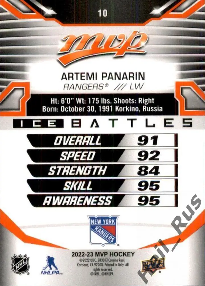 Хоккей Карточка Артемий Панарин New York Rangers, Витязь/Ак Барс/СКА НХЛ/NHL/КХЛ 1