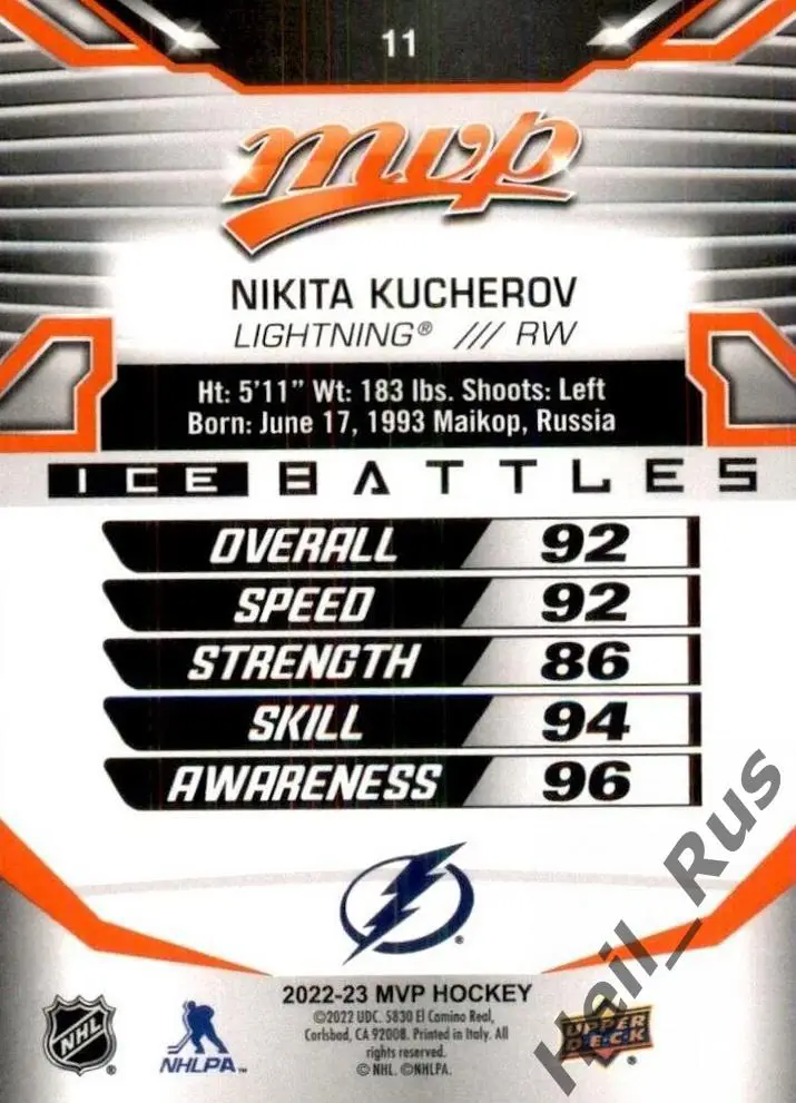 Карточка Никита Кучеров (Tampa Bay Lightning/Тампа-Бэй, ЦСКА Москва) NHL НХЛ КХЛ 1