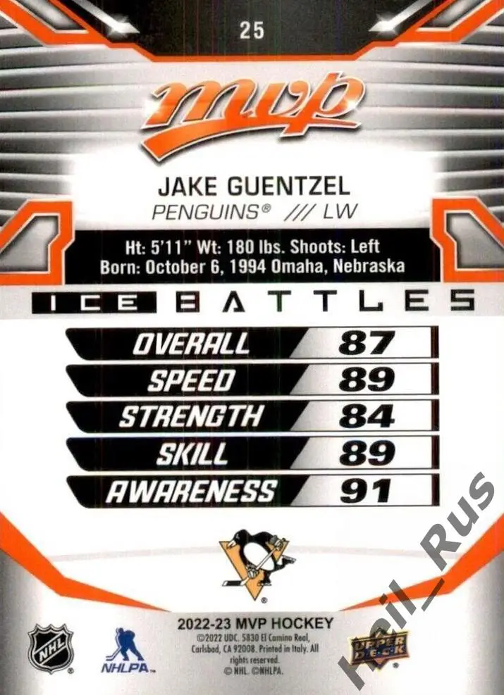 Хоккей Карточка Jake Guentzel/Джейк Генцел Pittsburgh Penguins/Питтсбург НХЛ-NHL 1
