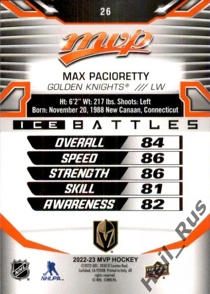 Карточка Max Pacioretty/Макс Пачиоретти (Vegas Golden Knights / Вегас) НХЛ/NHL 1