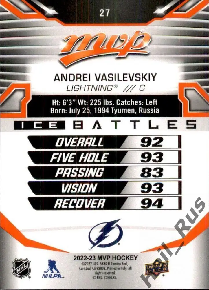 Карточка Андрей Василевский (Tampa Bay Lightning, Салават Юлаев Уфа) NHL/НХЛ КХЛ 1