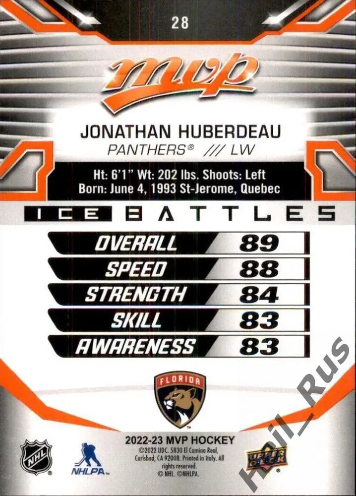 Карточка Jonathan Huberdeau/Джонатан Юбердо (Florida Panthers/Флорида) НХЛ / NHL 1