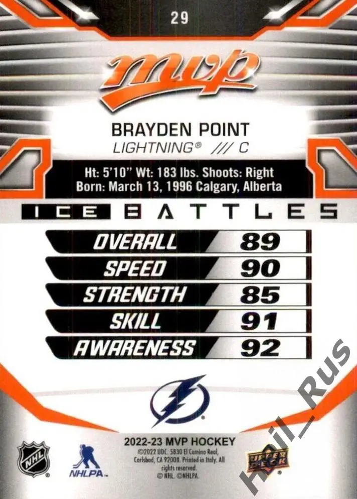 Карточка Brayden Point/Брэйден Пойнт (Tampa Bay Lightning / Тампа-Бэй) НХЛ / NHL 1