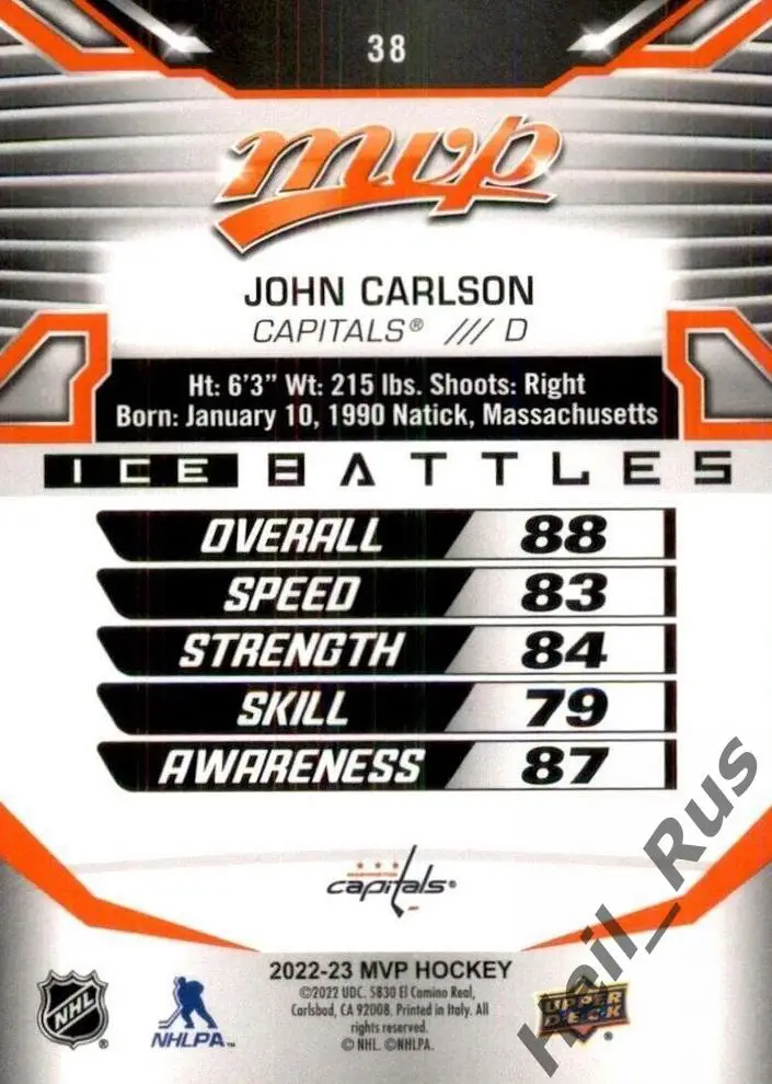 Хоккей; Карточка John Carlson/Джон Карлсон Washington Capitals/Вашингтон NHL/НХЛ 1