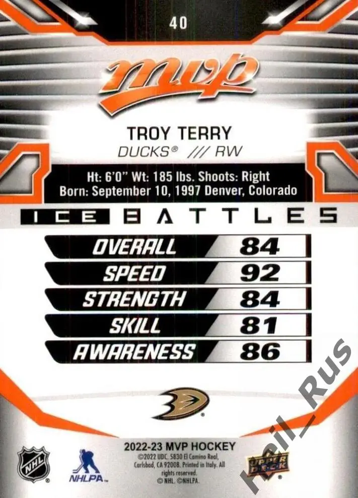 Хоккей. Карточка Troy Terry / Трой Терри (Anaheim Ducks / Анахайм Дакс) НХЛ/NHL 1