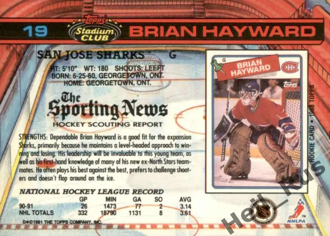 Карточка Brian Hayward/Брайан Хэйуорд (Minnesota North Stars/Миннесота) НХЛ/NHL 1