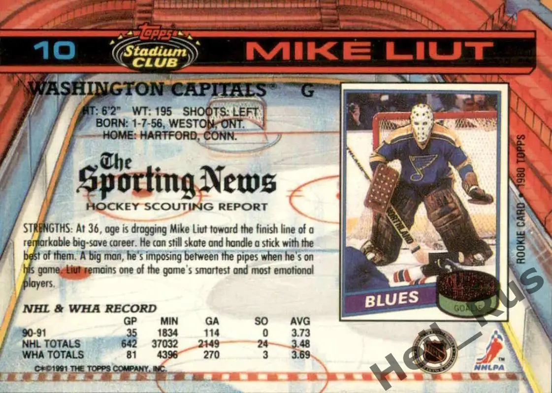 Хоккей. Карточка Mike Liut/Майк Льют (Washington Capitals / Вашингтон) НХЛ/NHL 1