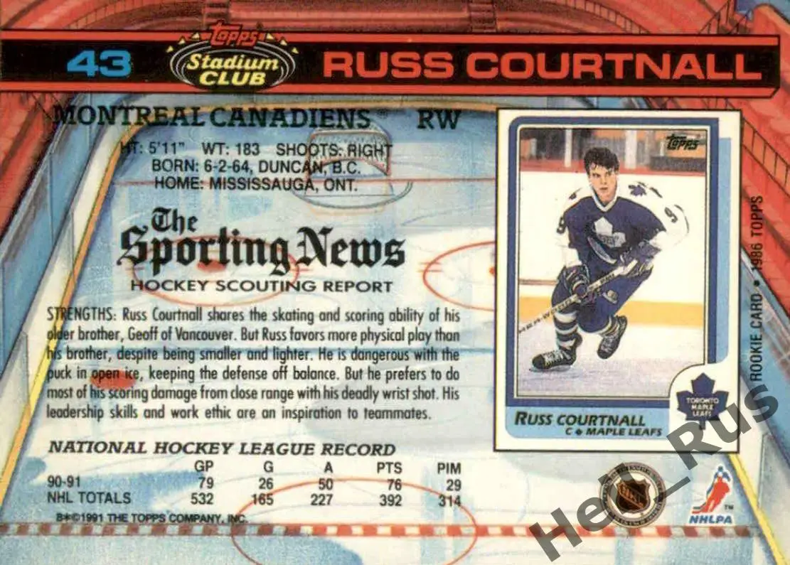 Хоккей Карточка Russ Courtnall/Расс Куртнолл Montreal Canadiens/Монреаль НХЛ-NHL 1