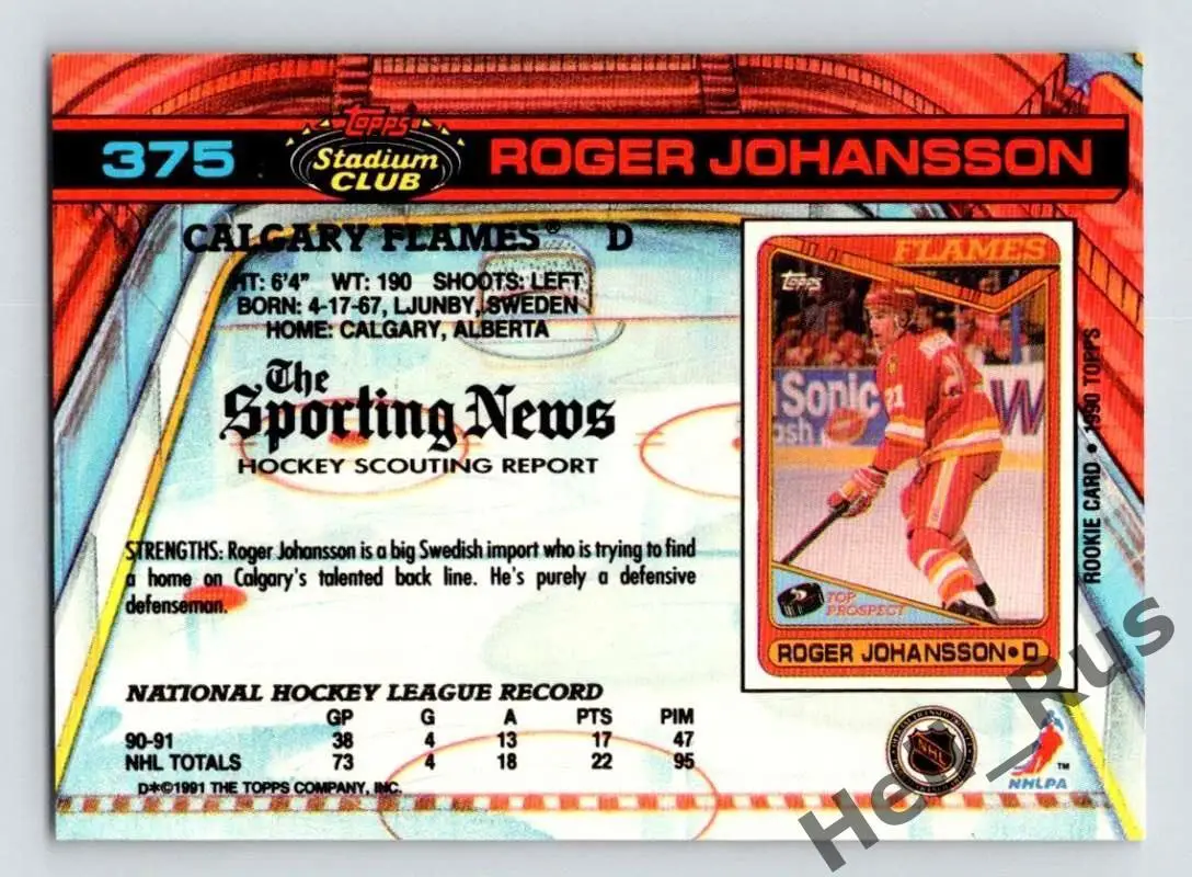 Хоккей. Карточка Roger Johansson/Роджер Юханссон Calgary Flames/Калгари НХЛ/NHL 1