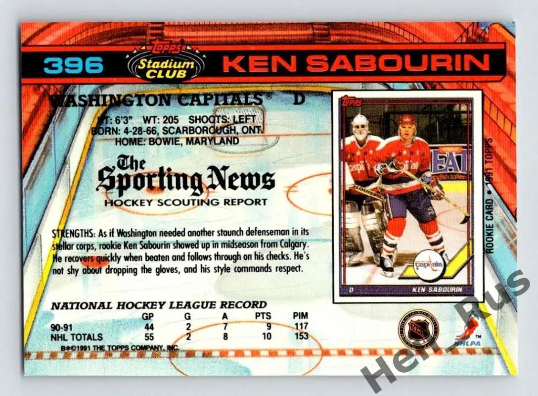 Хоккей. Карточка Ken Sabourin/Кен Сабурин Washington Capitals/Вашингтон НХЛ/NHL 1