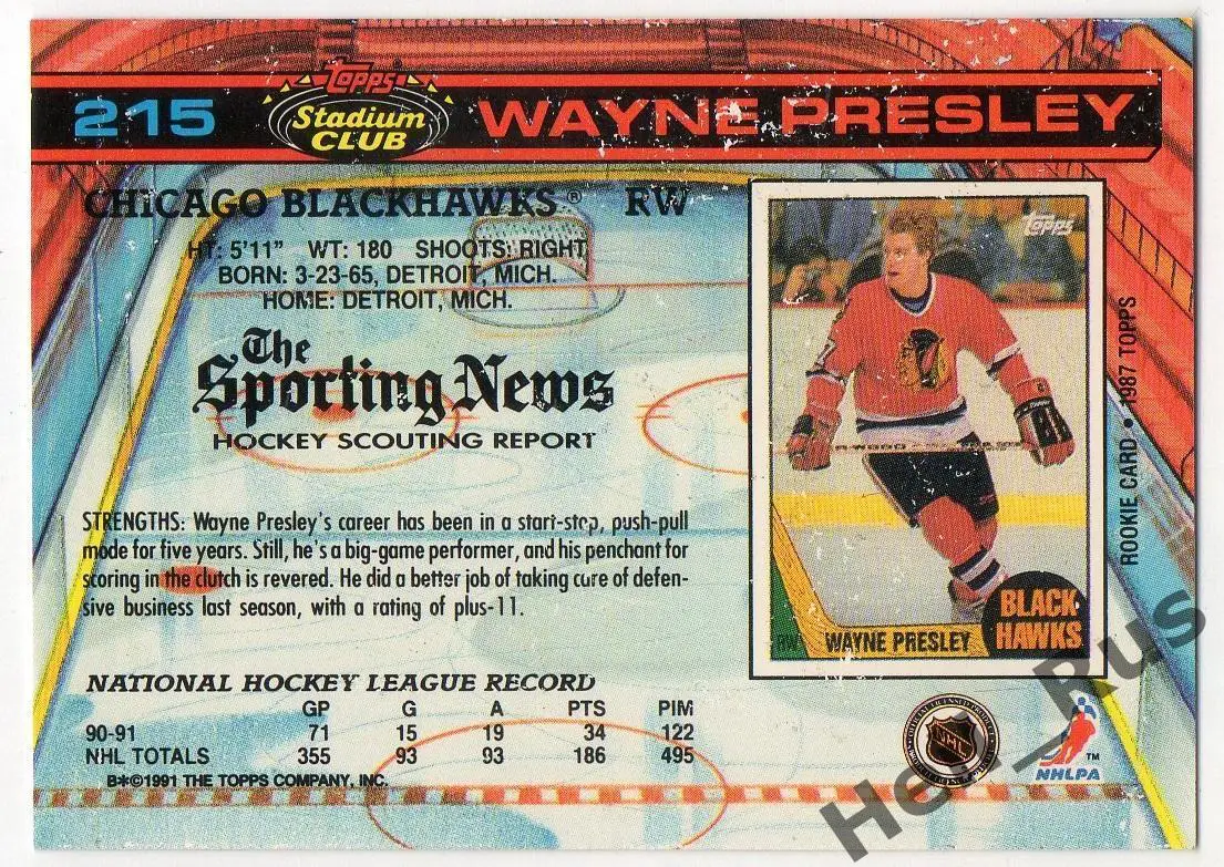 Хоккей. Карточка Wayne Presley/Уэйн Пресли (Chicago Blackhawks/Чикаго) НХЛ/NHL 1