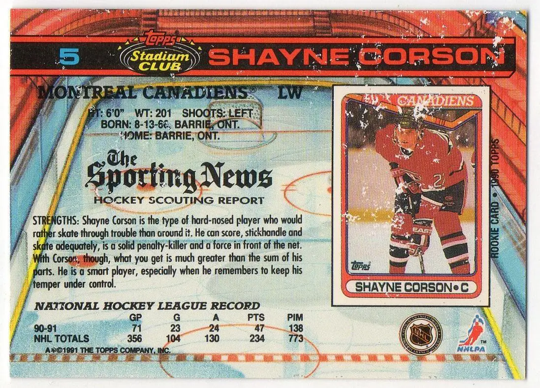 Хоккей; Карточка Shayne Corson/Шейн Корсон (Montreal Canadiens/Монреаль) НХЛ/NHL 1