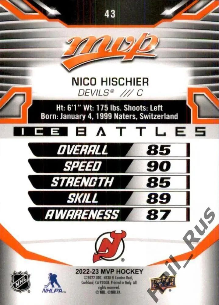 Хоккей. Карточка Nico Hischier/Нико Хишир (New Jersey Devils/Нью-Джерси) NHL/НХЛ 1