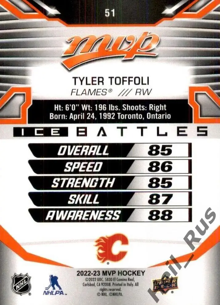 Карточка Tyler Toffoli/Тайлер Тоффоли (Calgary Flames / Калгари Флэймз) НХЛ/NHL 1