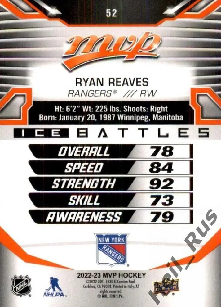 Карточка Ryan Reaves/Райан Ривз (New York Rangers / Нью-Йорк Рейнджерс) НХЛ/NHL 1