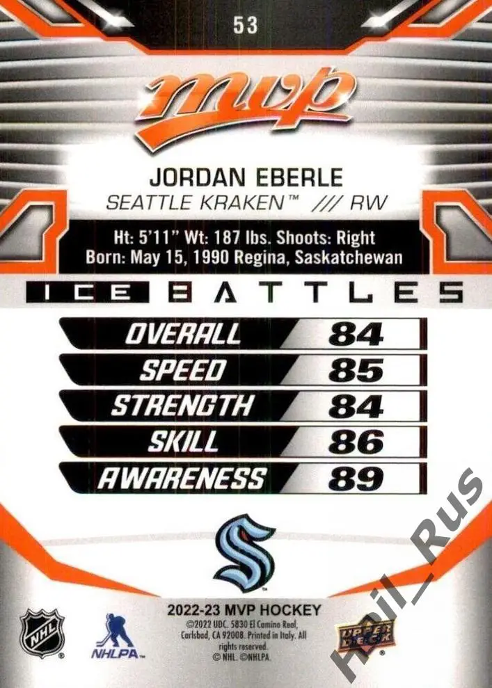 Хоккей Карточка Jordan Eberle/Джордан Эберле Seattle Kraken/Сиэтл Кракен NHL/НХЛ 1