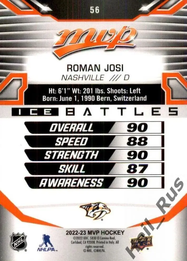 Хоккей. Карточка Roman Josi / Роман Йоси (Nashville Predators/Нэшвилл) НХЛ/NHL 1