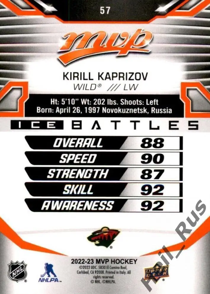 Карточка Кирилл Капризов Minnesota Wild/Миннесота Салават Юлаев ЦСКА НХЛ/NHL/КХЛ 1