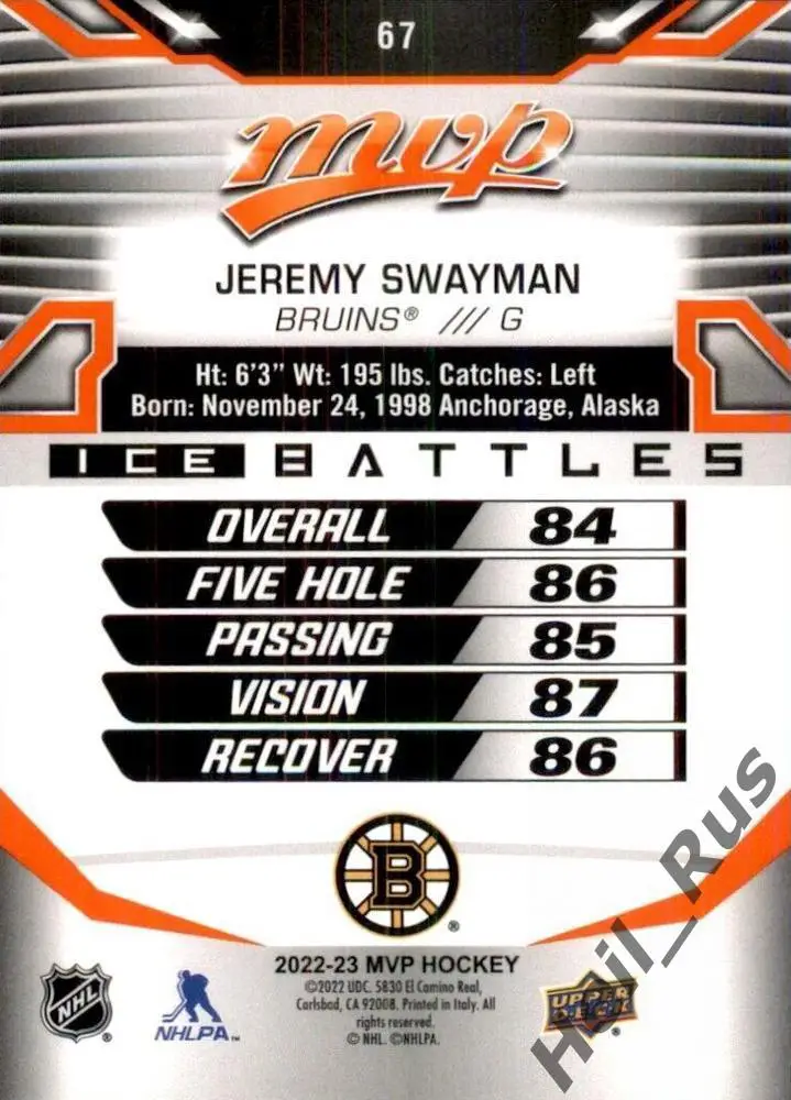 Хоккей. Карточка Jeremy Swayman/Джереми Суэймэн (Boston Bruins/Бостон) НХЛ/NHL 1