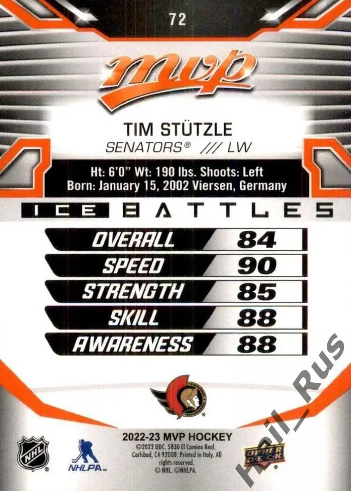 Хоккей Карточка Tim Stutzle/Тим Штюцле (Ottawa Senators/Оттава Сенаторз) NHL/НХЛ 1