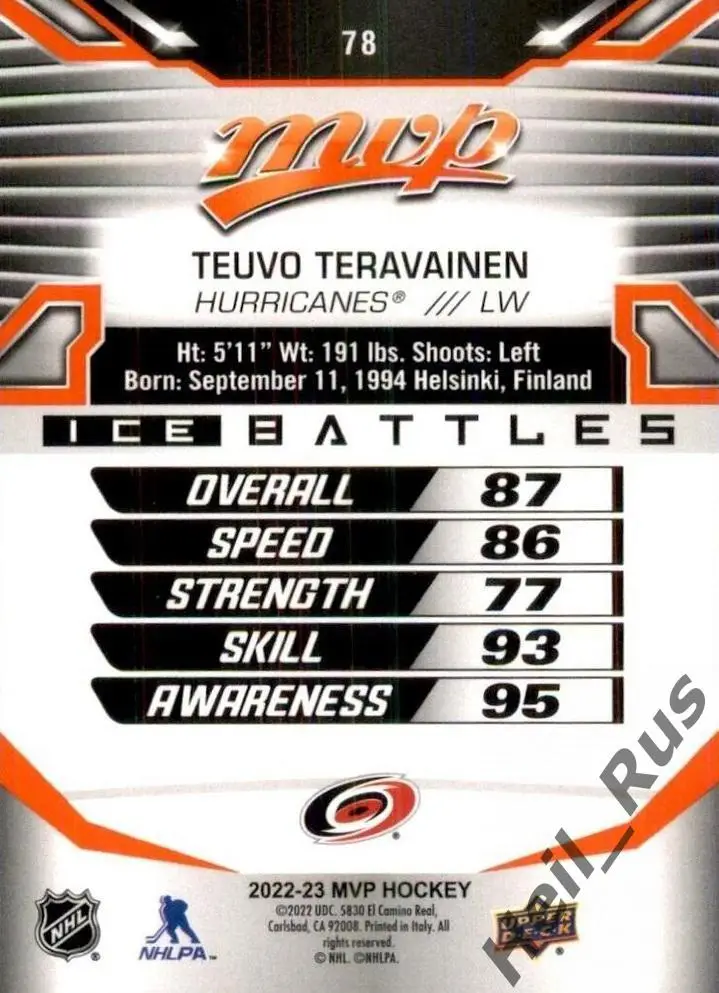 Карточка Teuvo Teravainen/Теуво Терявяйнен Carolina Hurricanes/Каролина, НХЛ/NHL 1