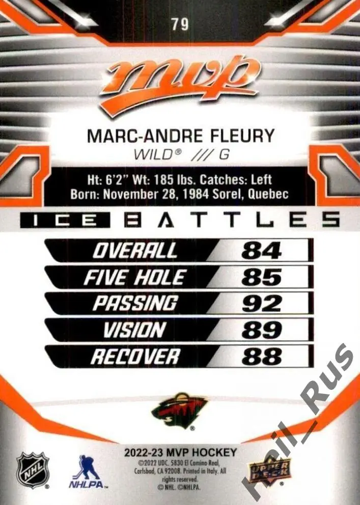 Карточка Marc-Andre Fleury/Марк-Андре Флери (Minnesota Wild/Миннесота) НХЛ/NHL 1