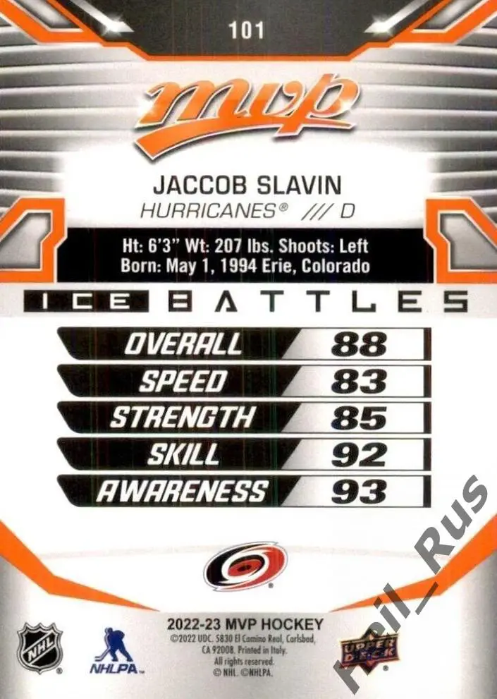 Карточка Jaccob Slavin / Джейккоб Слэвин (Carolina Hurricanes/Каролина) НХЛ/NHL 1