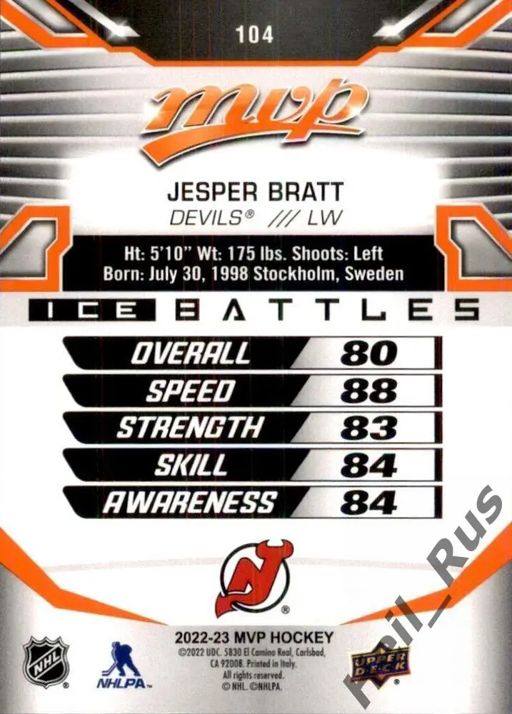 Хоккей Карточка Jesper Bratt / Йеспер Братт New Jersey Devils/Нью-Джерси НХЛ/NHL 1