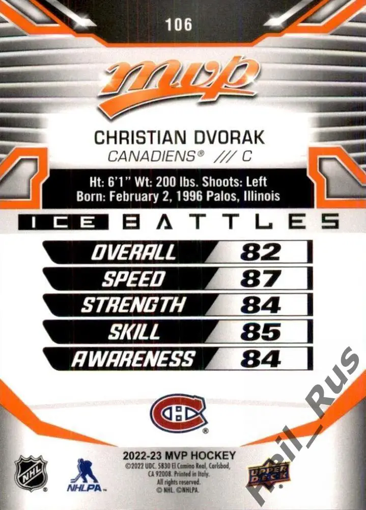Карточка Christian Dvorak/Кристиан Дворак (Montreal Canadiens/Монреаль) НХЛ/NHL 1