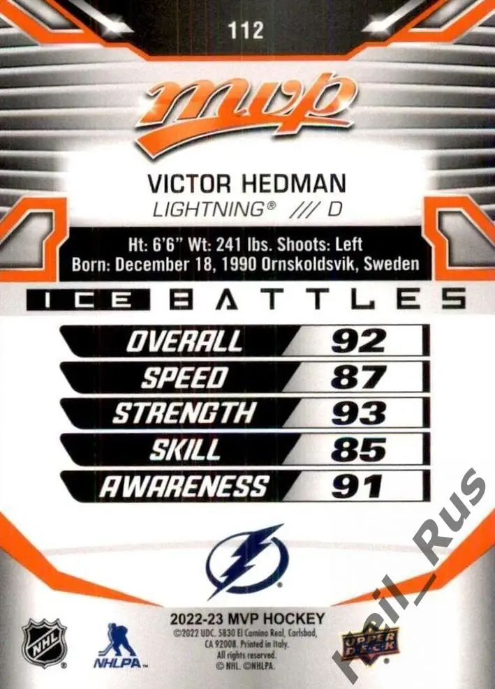 Карточка Виктор Хедман (Tampa Bay Lightning/Тампа-Бэй, Барыс Астана) НХЛ/NHL КХЛ 1