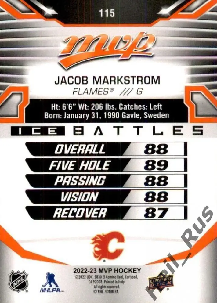 Хоккей Карточка Jacob Markstrom/Якоб Маркстрем (Calgary Flames/Калгари) НХЛ/NHL 1