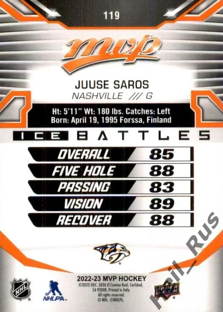 Хоккей. Карточка Juuse Saros/Юусе Сарос (Nashville Predators / Нэшвилл) НХЛ/NHL 1