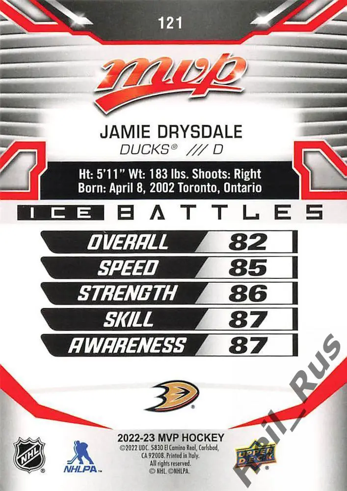 Хоккей. Карточка Jamie Drysdale/Джейми Драйсдейл (Anaheim Ducks/Анахайм) НХЛ/NHL 1