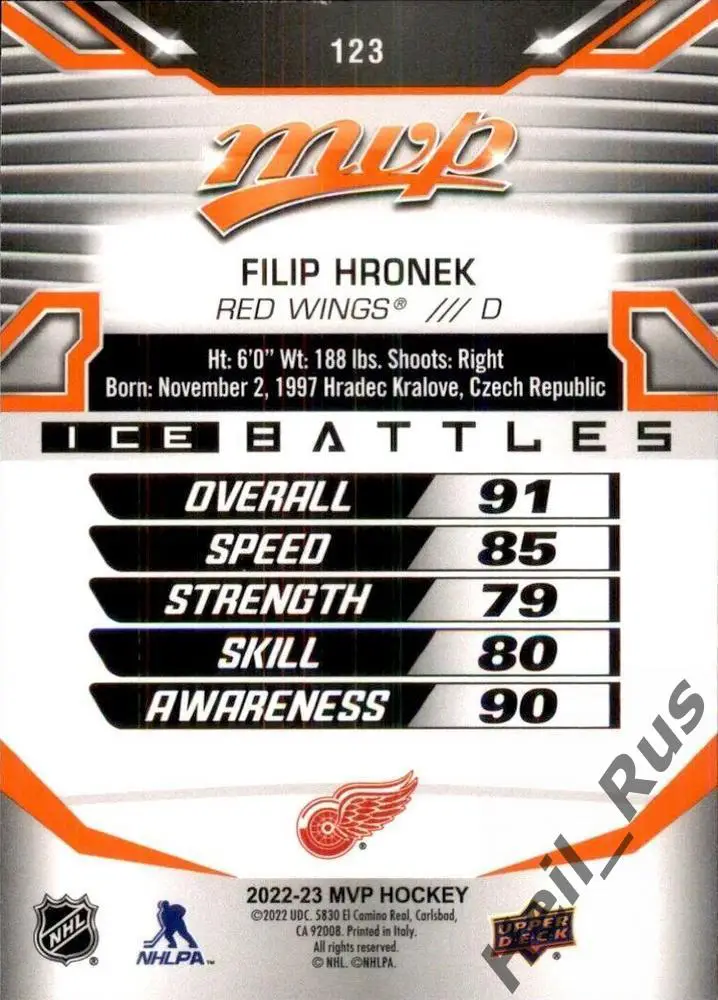 Хоккей. Карточка Filip Hronek/Филип Гронек (Detroit Red Wings / Детройт) НХЛ/NHL 1