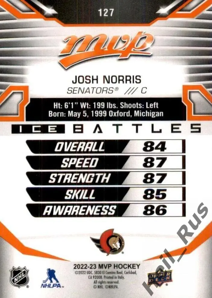 Хоккей; Карточка Josh Norris/Джош Норрис Ottawa Senators/Оттава Сенаторз НХЛ/NHL 1