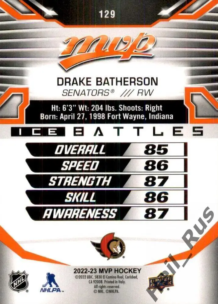 Хоккей Карточка Drake Batherson/Дрейк Батерсон (Ottawa Senators/Оттава) НХЛ/NHL 1