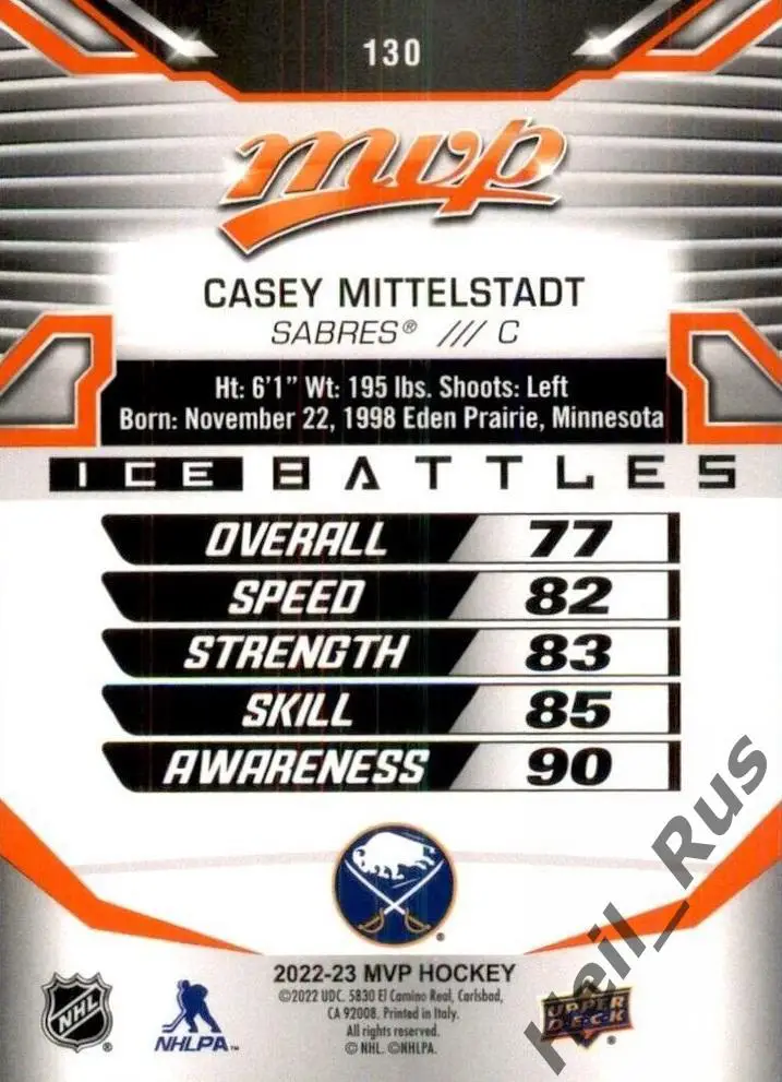 Карточка Casey Mittelstadt/Кейси Миттельштадт (Buffalo Sabres / Баффало) НХЛ/NHL 1
