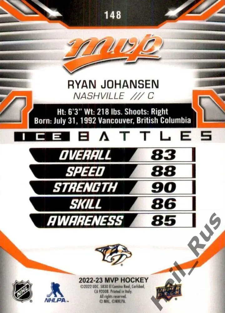 Карточка Ryan Johansen / Райан Джохансен (Nashville Predators / Нэшвилл) НХЛ/NHL 1