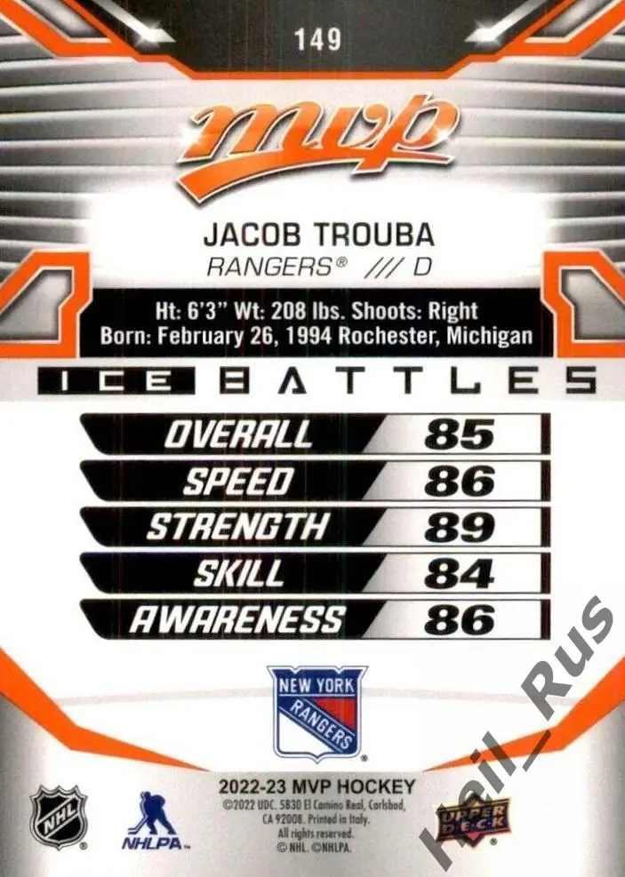 Карточка Jacob Trouba/Джейкоб Труба New York Rangers/Нью-Йорк Рейнджерс НХЛ/NHL 1