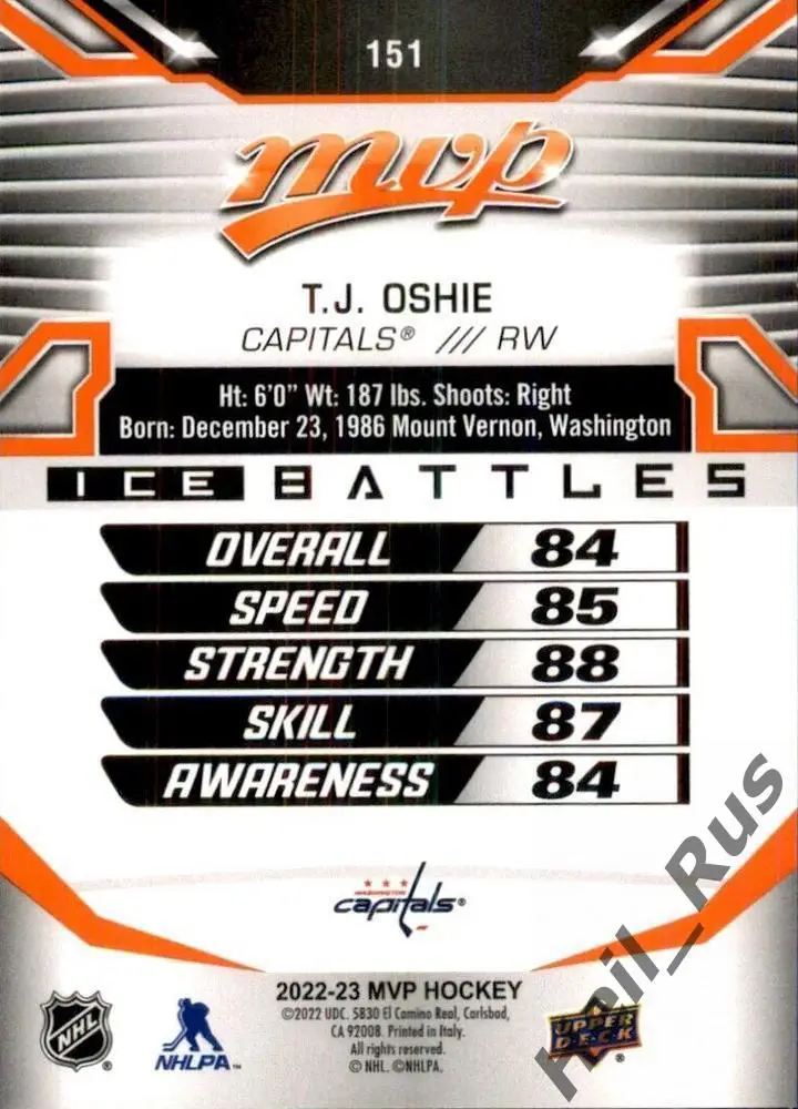 Хоккей. Карточка T.J. Oshie/Ти Джей Оши (Washington Capitals/Вашингтон) NHL/НХЛ 1