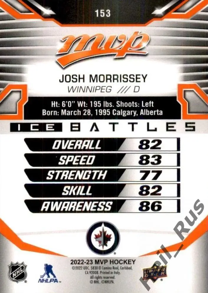 Хоккей. Карточка Josh Morrissey / Джош Моррисси (Winnipeg Jets/Виннипег) НХЛ/NHL 1