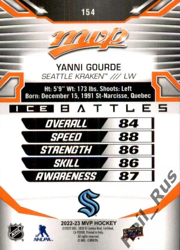Хоккей. Карточка Yanni Gourde/Янни Гурд (Seattle Kraken/Сиэтл Кракен) НХЛ/NHL 1