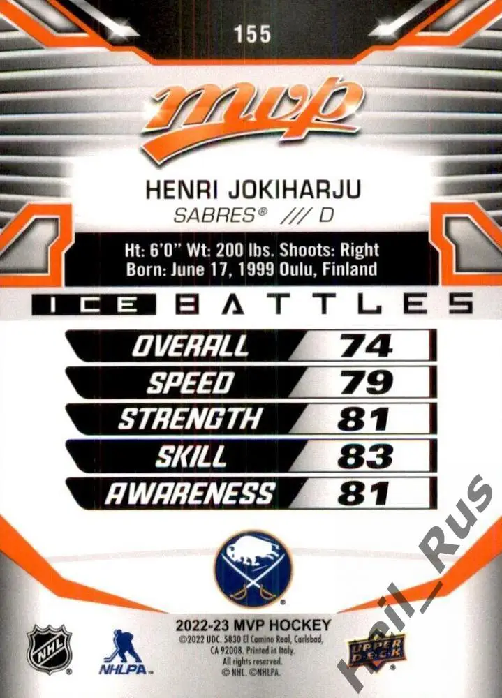 Хоккей Карточка Henri Jokiharju/Хенри Йокихарью (Buffalo Sabres/Баффало) НХЛ/NHL 1